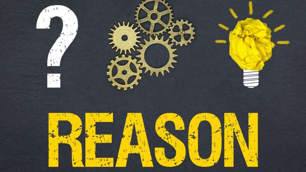 黒板に？や歯車、電球マークとREASON（理由）と書かれている