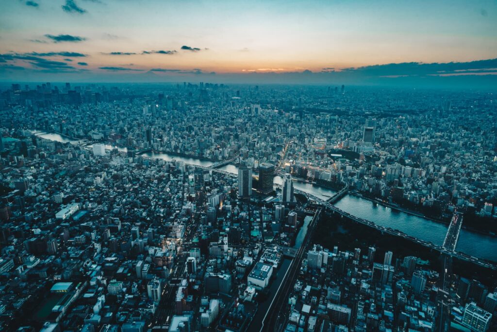 Tokyo city skyline as seen from above at sunset